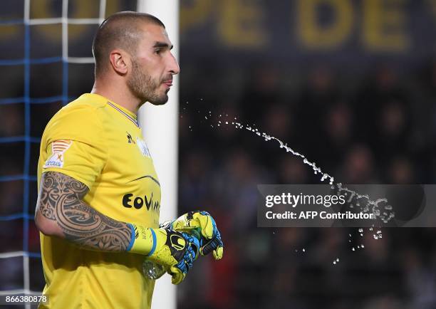 Saint-Etienne's French goalkeeper Stephane Ruffier reacts during the French League Cup round of 16 football match between Strasbourg and...