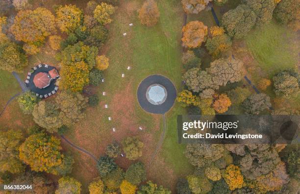 aerial view of a forest park with a bandstand and tea room - david levingstone stock pictures, royalty-free photos & images