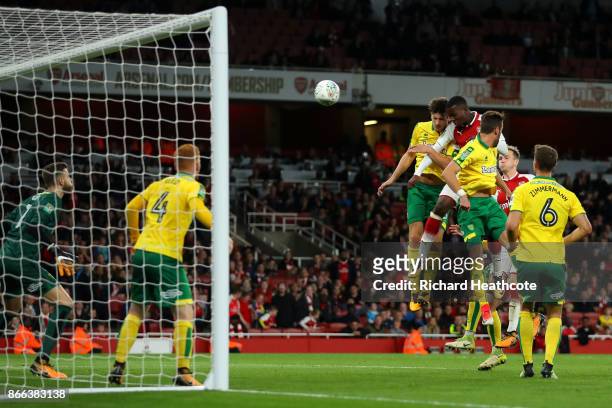 Edward Nketiah of Arsenal scores the second Arsenal goal during the Carabao Cup Fourth Round match between Arsenal and Norwich City at Emirates...