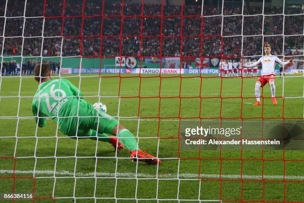 Sven Ulreich, keeper of Bayern Muenchen saves a penalty by Timo Werner of Leipzig during the DFB Cup round 2 match between RB Leipzig and Bayern...