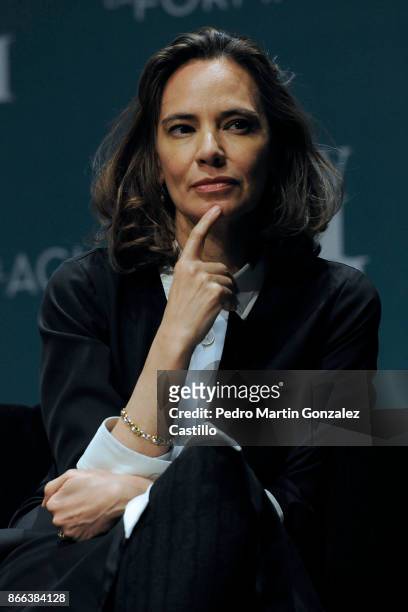 Daniela Michel President of the Morelia International Fil Festival gestures during a press conference and talk about the new movie 'The Shape of...