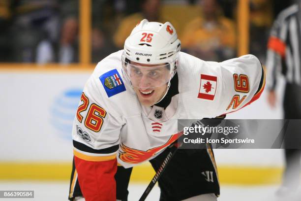 Calgary Flames defenseman Michael Stone is shown during the NHL game between the Nashville Predators and the Calgary Flames, held on October 24 at...