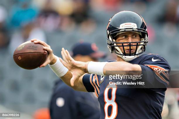 Mike Glennon of the Chicago Bears warming up before a game against the Carolina Panthers at Soldier Field on October 22, 2017 in Chicago, Illinois....