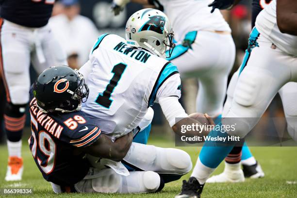 Danny Trevathan of the Chicago Bears sacks Cam Newton of the Carolina Panthers at Soldier Field on October 22, 2017 in Chicago, Illinois. The Bears...