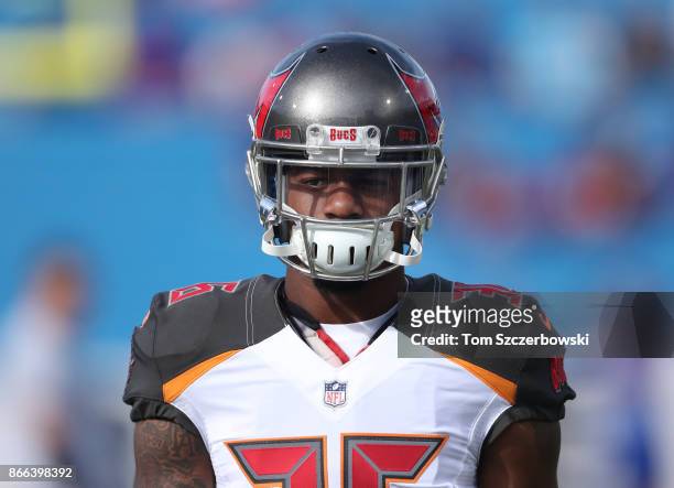 Robert McClain of the Tampa Bay Buccaneers as he warms up prior to the start of NFL game action against the Buffalo Bills at New Era Field on October...