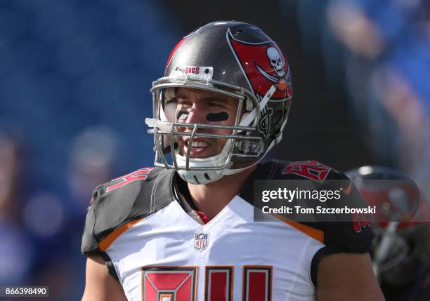 Cameron Brate of the Tampa Bay Buccaneers warms up before the start of NFL game action against the Buffalo Bills at New Era Field on October 22, 2017...