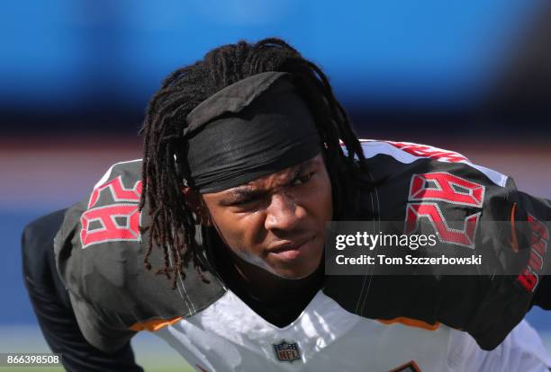 Vernon Hargreaves III of the Tampa Bay Buccaneers stretches before the start of their NFL game against the Buffalo Bills at New Era Field on October...