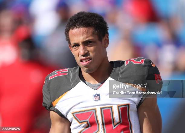 Brent Grimes of the Tampa Bay Buccaneers warms up before the start of NFL game action against the Buffalo Bills at New Era Field on October 22, 2017...