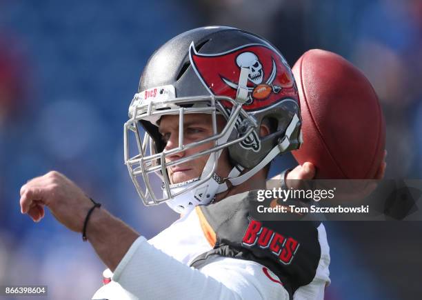 Chris Conte of the Tampa Bay Buccaneers warms up before the start of NFL game action against the Buffalo Bills at New Era Field on October 22, 2017...