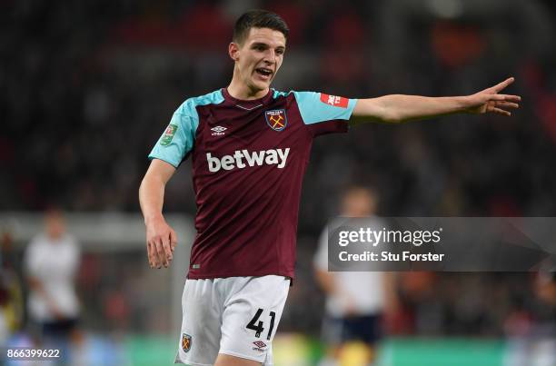 West Ham defender Declan Rice reacts during the Carabao Cup Fourth Round match between Tottenham Hotspur and West Ham United at Wembley Stadium on...