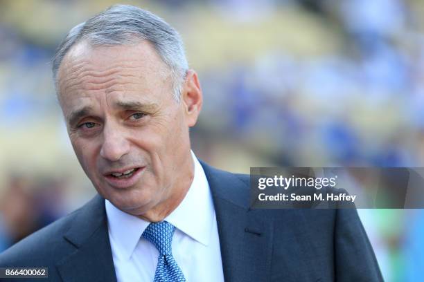 Major League Baseball Commissioner Robert D. Manfred Jr. Looks on prior to game two of the 2017 World Series between the Houston Astros and the Los...