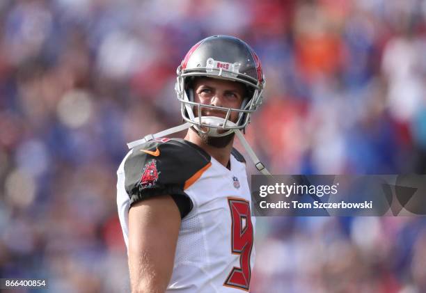 Bryan Anger of the Tampa Bay Buccaneers looks on during NFL game action against the Buffalo Bills at New Era Field on October 22, 2017 in Buffalo,...