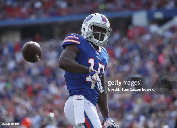 Deonte Thompson of the Buffalo Bills reacts after making a reception during NFL game action against the Tampa Bay Buccaneers at New Era Field on...