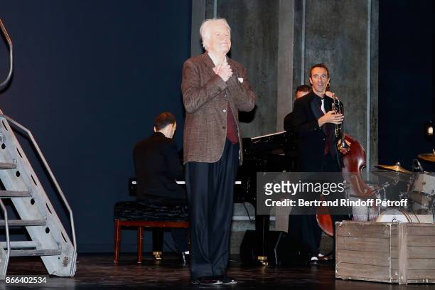 Actor Andre Dussollier and rumpeter Sylvain Gontard acknowledge the applause of the audience at the end of the "Novecento" 200th Performance at...