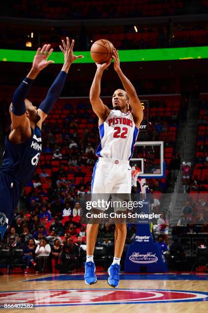 Avery Bradley of the Detroit Pistons shoots the ball against the Minnesota Timberwolves on October 25, 2017 at Little Caesars Arena in Detroit,...