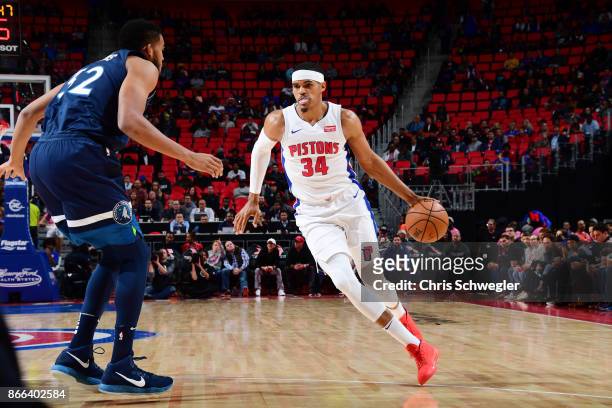 Tobias Harris of the Detroit Pistons handles the ball against the Minnesota Timberwolves on October 25, 2017 at Little Caesars Arena in Detroit,...