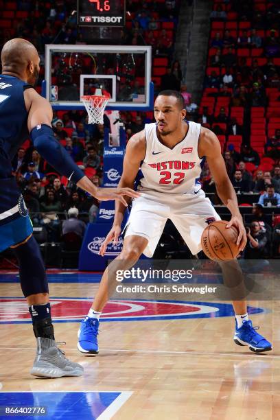 Avery Bradley of the Detroit Pistons handles the ball against the Minnesota Timberwolves on October 25, 2017 at Little Caesars Arena in Detroit,...