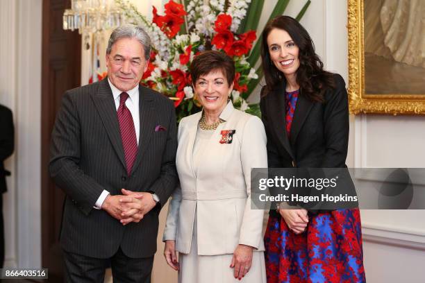 Prime Minister Jacinda Ardern, deputy Winston Peters and Governor-General Dame Patsy Reddy pose during a swearing-in ceremony at Government House on...