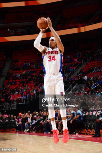 Tobias Harris of the Detroit Pistons shoots the ball against the Minnesota Timberwolves on October 25, 2017 at Little Caesars Arena in Detroit,...