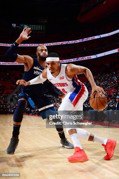 Tobias Harris of the Detroit Pistons handles the ball against the Minnesota Timberwolves on October 25, 2017 at Little Caesars Arena in Detroit,...