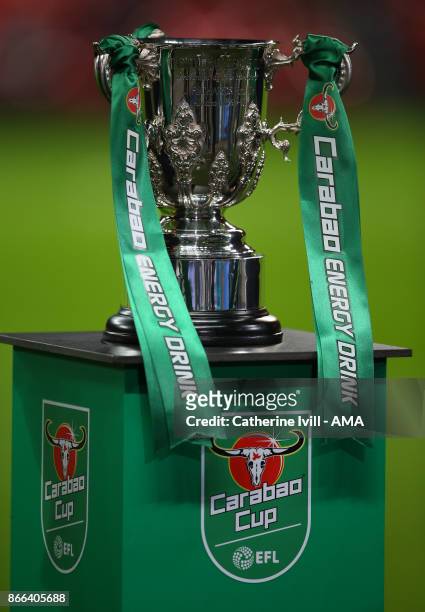 General view of The Carabao Cup trophy before the Carabao Cup Fourth Round match between Tottenham Hotspur and West Ham United at Wembley Stadium on...
