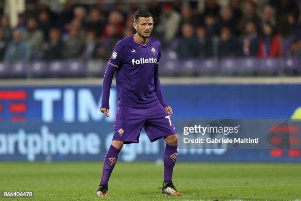 Cyril Thereau of ACF Fiorentina reacts during the Serie A match between ACF Fiorentina and Torino FC at Stadio Artemio Franchi on October 25, 2017 in...