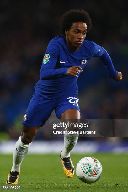 Willian of Chelsea in action during the Carabao Cup Fourth Round match between Chelsea and Everton at Stamford Bridge on October 25, 2017 in London,...