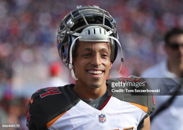 Brent Grimes of the Tampa Bay Buccaneers smiles on the sideline during NFL game action against the Buffalo Bills at New Era Field on October 22, 2017...