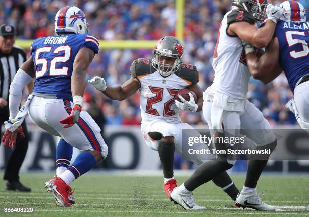 Doug Martin of the Tampa Bay Buccaneers runs with the ball during NFL game action against the Buffalo Bills at New Era Field on October 22, 2017 in...