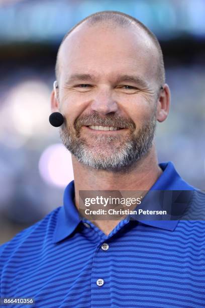 Former Major League Baseball player David Ross looks on before game two of the 2017 World Series between the Houston Astros and the Los Angeles...