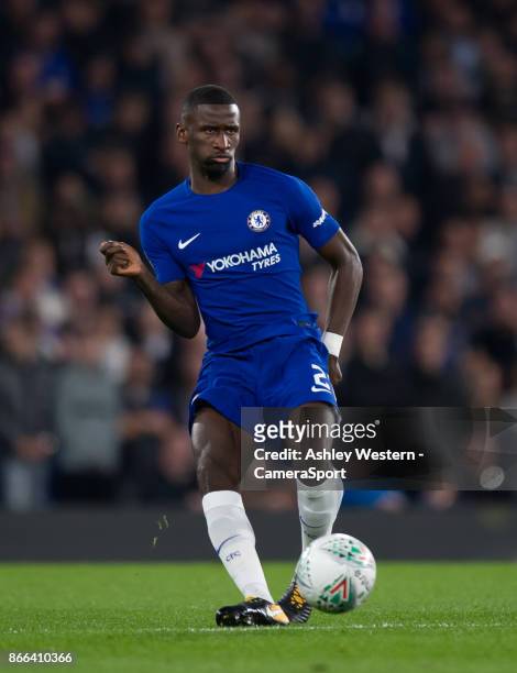 Chelsea's Antonio Rudiger in action during the Carabao Cup Fourth Round match between Chelsea and Everton at Stamford Bridge on October 25, 2017 in...