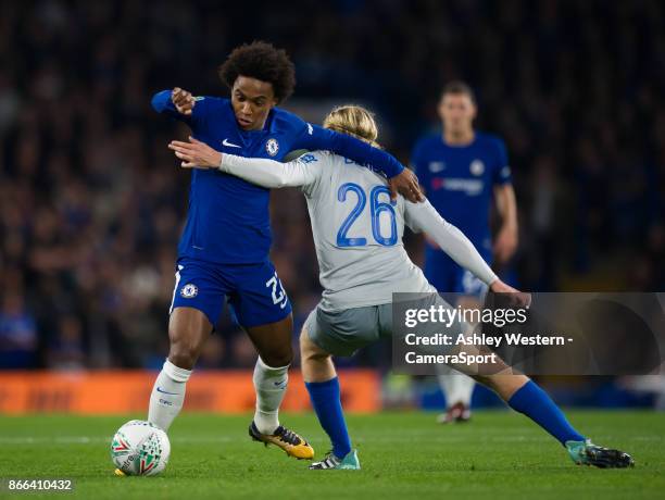 Chelsea's Willian battles for possession with Everton's Tom Davies during the Carabao Cup Fourth Round match between Chelsea and Everton at Stamford...