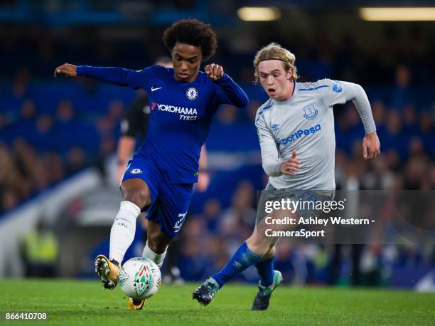 Chelsea's Willian holds off the challenge from Everton's Tom Davies during the Carabao Cup Fourth Round match between Chelsea and Everton at Stamford...