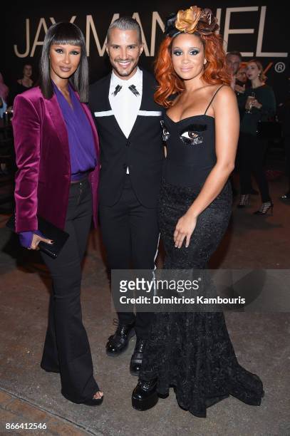 Iman Abdulmajid, Jay Manuel, and Jillian Hervey attend the Jay Manuel Beauty x Simon Launch Event at Highline Stages on October 25, 2017 in New York...