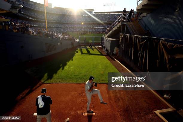 Justin Verlander of the Houston Astros throws in the bullpen before game two of the 2017 World Series against the Los Angeles Dodgers at Dodger...