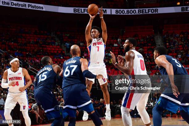 Stanley Johnson of the Detroit Pistons shoots the ball against the Minnesota Timberwolves against the Minnesota Timberwolves on October 25, 2017 at...