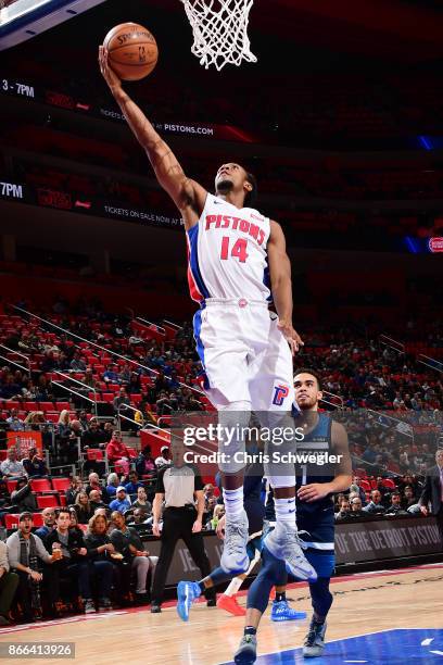 Ish Smith of the Detroit Pistons drives to the basket against the Minnesota Timberwolves on October 25, 2017 at Little Caesars Arena in Detroit,...