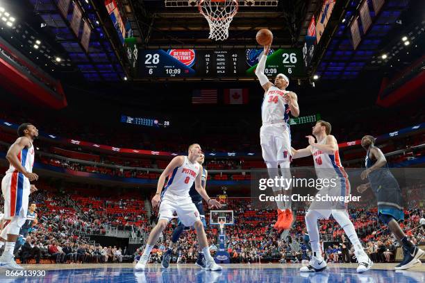 Tobias Harris of the Detroit Pistons shoots the ball against the Minnesota Timberwolves on October 25, 2017 at Little Caesars Arena in Detroit,...