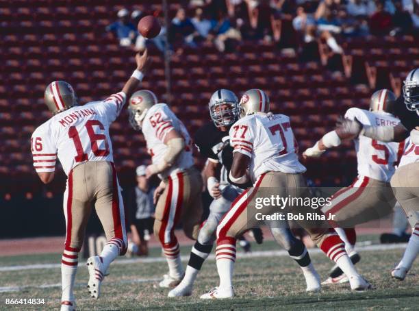 San Francisco quarterback Joe Montana throws downfield during 49'ers game against Los Angeles Raiders, August 6 in Los Angeles, California.