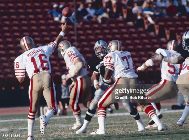 San Francisco quarterback Joe Montana throws downfield during 49'ers game against Los Angeles Raiders, August 6 in Los Angeles, California.