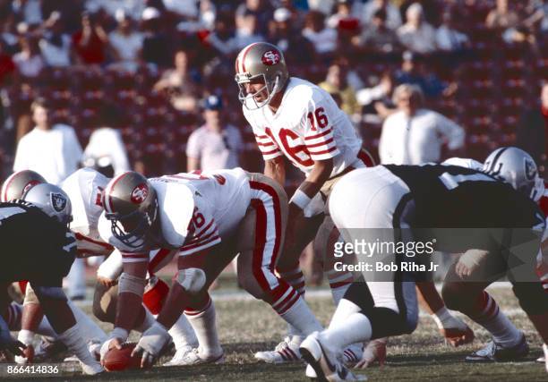 San Francisco 49'ers quarterback Joe Montana calls a play during 49'ers game against Los Angeles Raiders, August 6 in Los Angeles, California.