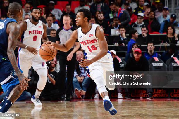 Ish Smith of the Detroit Pistons handles the ball against the Minnesota Timberwolves on October 25, 2017 at Little Caesars Arena in Detroit,...