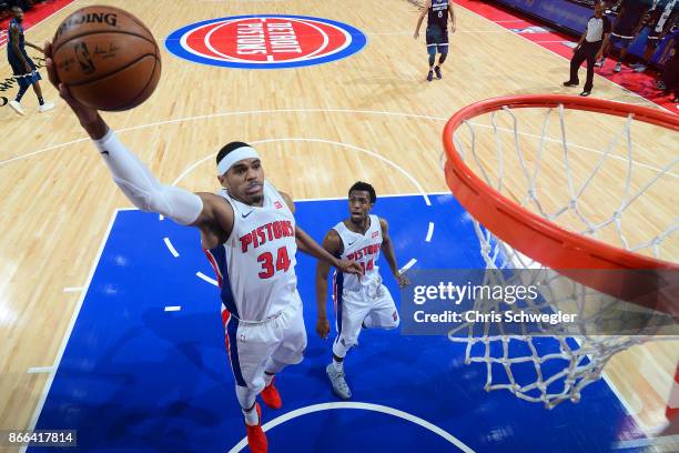 Tobias Harris of the Detroit Pistons drives to the basket against the Minnesota Timberwolves on October 25, 2017 at Little Caesars Arena in Detroit,...