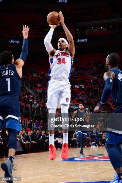 Tobias Harris of the Detroit Pistons shoots the ball against the Minnesota Timberwolves on October 25, 2017 at Little Caesars Arena in Detroit,...