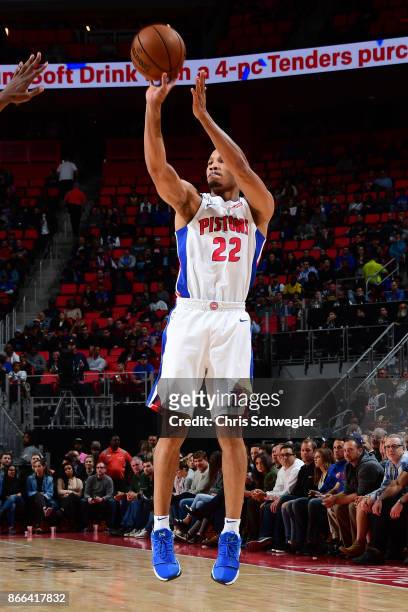 Avery Bradley of the Detroit Pistons shoots the ball against the Minnesota Timberwolves on October 25, 2017 at Little Caesars Arena in Detroit,...
