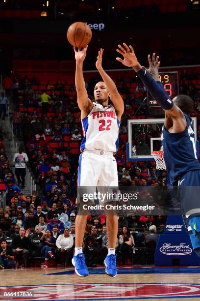 Avery Bradley of the Detroit Pistons shoots the ball against the Minnesota Timberwolves on October 25, 2017 at Little Caesars Arena in Detroit,...