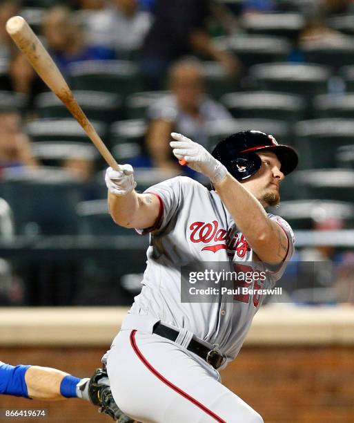 Adam Lind of the Washington Nationals bats in an MLB baseball game against the New York Mets on September 22, 2017 at CitiField in the Queens borough...