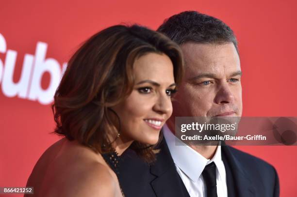 Actor Matt Damon and wife Luciana Damon arrive at the premiere of Paramount Pictures' 'Suburbicon' at Regency Village Theatre on October 22, 2017 in...