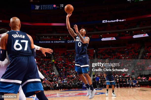Jeff Teague of the Minnesota Timberwolves shoots the ball against the Detroit Pistons on October 25, 2017 at Little Caesars Arena in Detroit,...