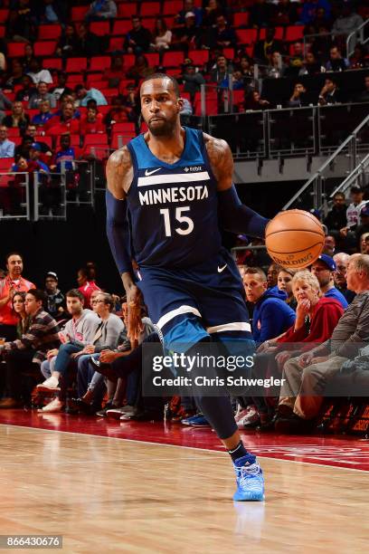 Shabazz Muhammad of the Minnesota Timberwolves handles the ball against the Detroit Pistons on October 25, 2017 at Little Caesars Arena in Detroit,...